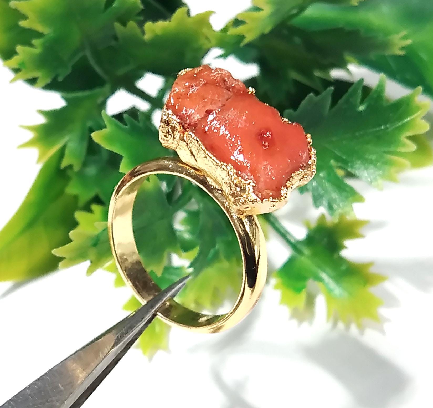 Natural Red Coral Rough Stone Ring, Solid 925 Sterling Silver Gold Plated Ring, Red Coral Stone Size 15x8 mm Handmade Gift Statement Ring